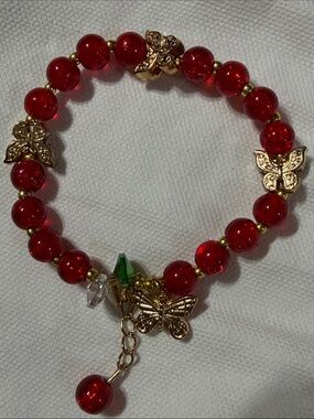 Red Beaded Butterfly Charm Bracelet by